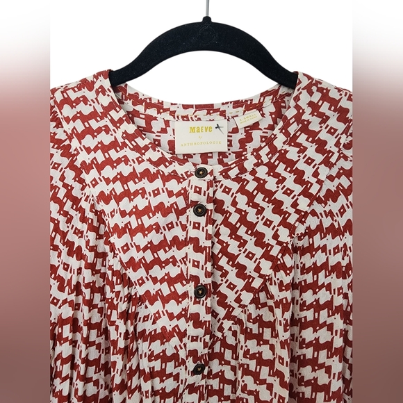 MAEVE by ANTHROPOLOGIE button-down blouse, red/white geometric, size XS - Picture 3 of 6